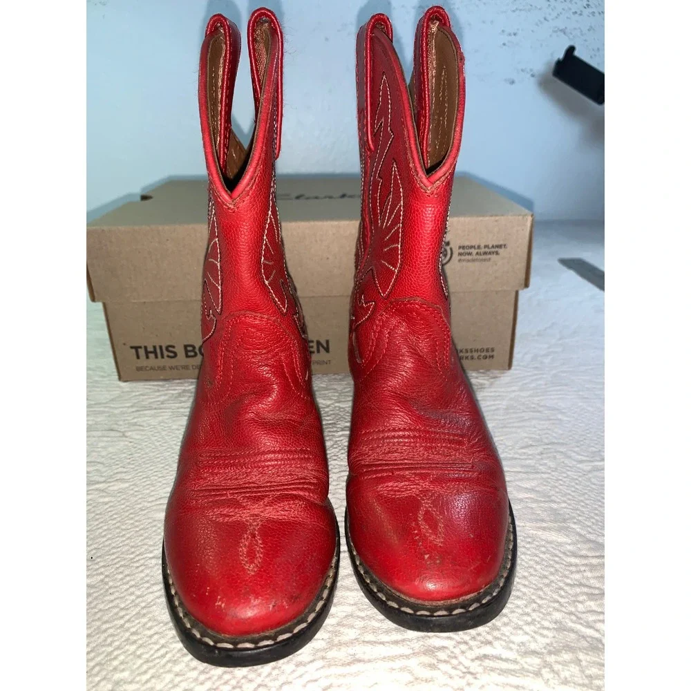 Acme Kids Red Leather Western Cowboy Boots Stitching AC155C Size 10D